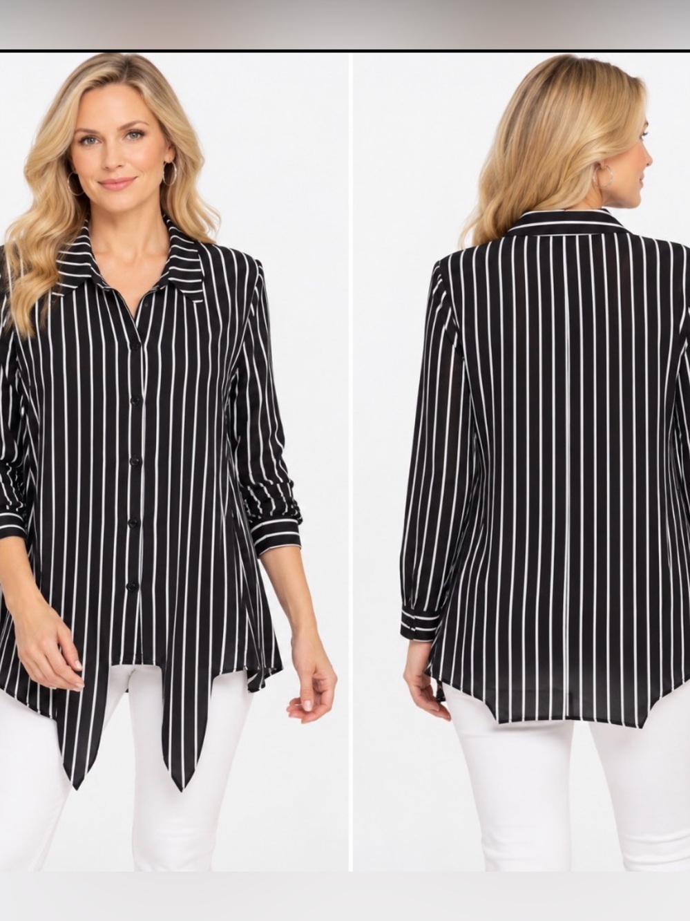 Susan Graver Black and White Long Sleeve Button Down Shirt
